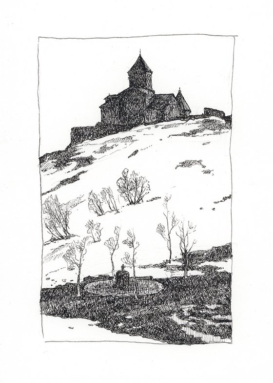 Georgian church. Landscape drawing. Black and white art