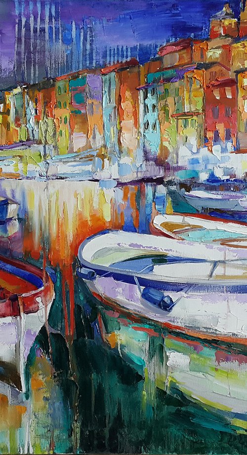 Boats in the evening city by Viktoria Lapteva