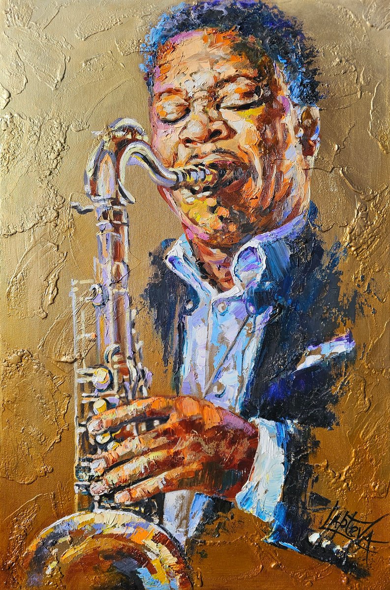 Organic Portrait Oil Painting By Viktoria Lapteva, 16 X 24", Saxophonist, Original Artwork