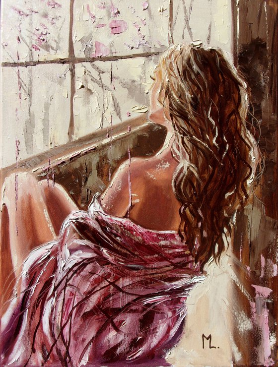 " PINK BLOOMING ... "-   liGHt  ORIGINAL OIL PAINTING, GIFT, PALETTE KNIFE nude WINDOW