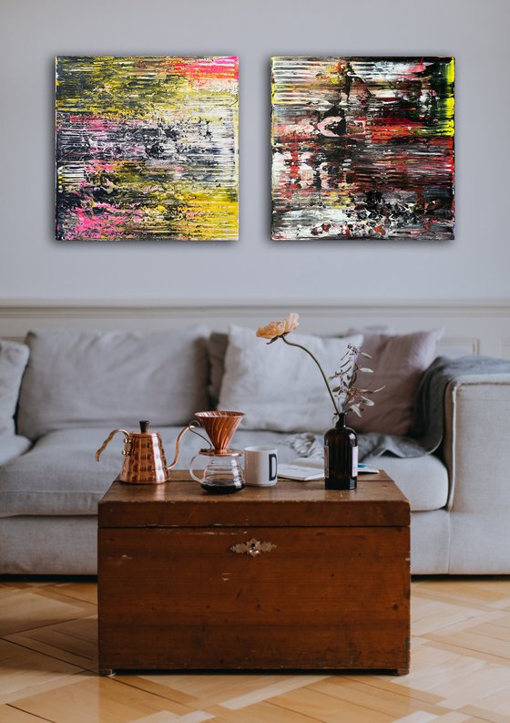 "Cut To The Quick" - Original PMS Abstract Diptych Acrylic Paintings On Canvas - 40" x 20"