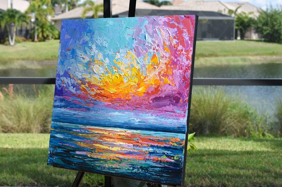 Pink Sunset - Palette Knife Seascape Painting