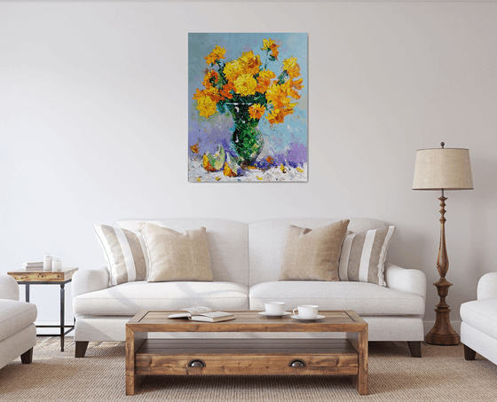 Still life - Yellow flowers (100x80cm, oil painting, palette knife)