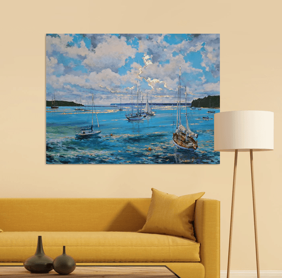 Morning on the bay (mixed-media, acrylic and gold leaf) (36x48x1.5")