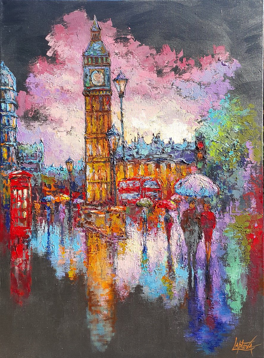 Organic Cityscapes Acrylic Painting By Viktoria Lapteva, 35 X 47", Rainy London, Original Artwork