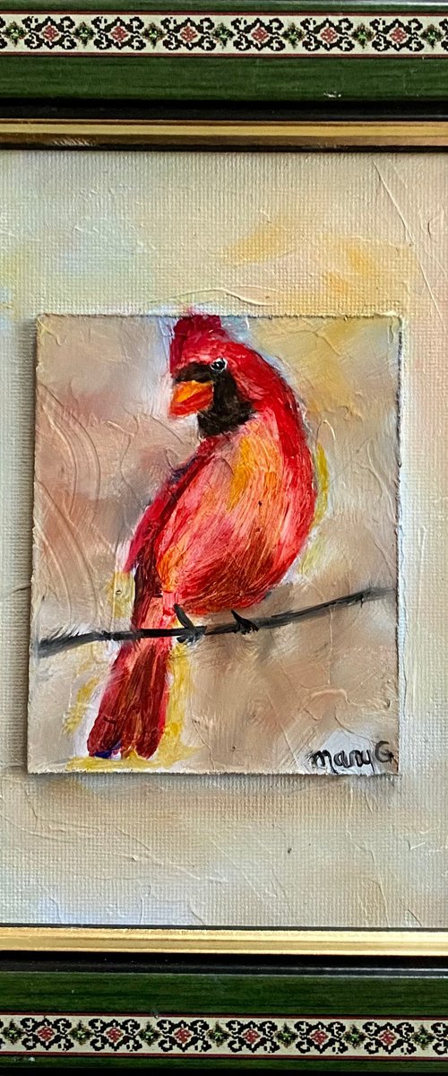 Gorgeous Cardinal Original Oil painting 5x7 on gessoed panel board by Mary Gullette