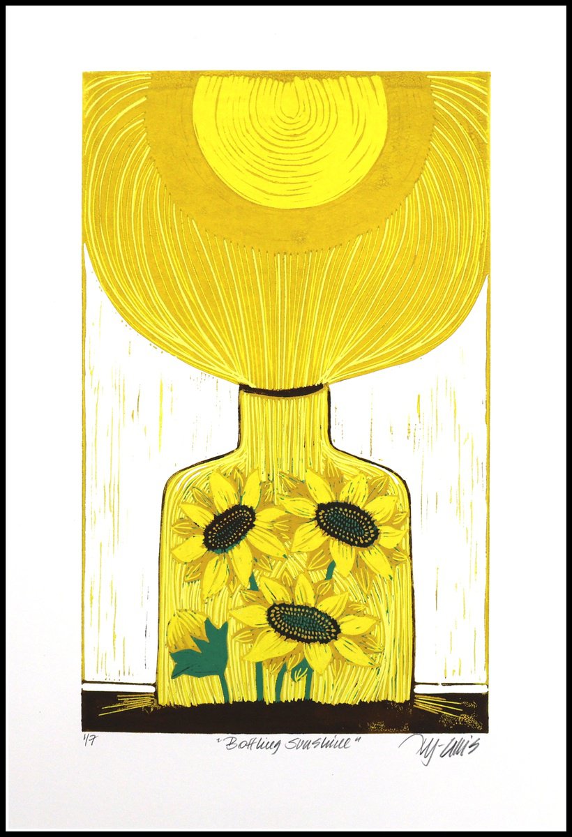 Illustrative Linocut , Bottling Sunshine By Mariann Johansen-Ellis, 14 X 21, Artwork For Sale On Artfinder