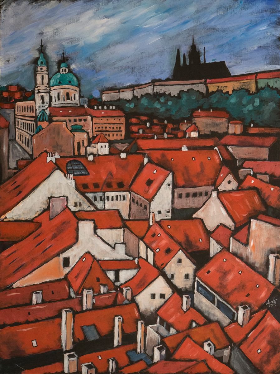 Illustrative Acrylic Painting , Rooftops Of The Lesser Town (Mala Strana) By Tiziano Marasco, 24 X 31, Artwork For Sale On Artfinder