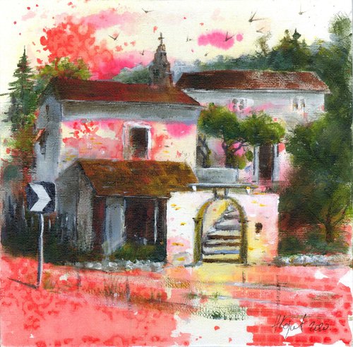 Vines and olive courtyard Gouvia Corfu Greece 20x20cm 2020 by Nenad Kojić watercolorist