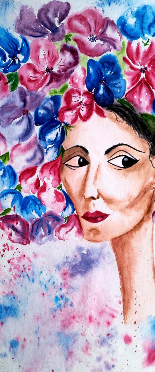 Flower Head Painting Woman Original Art Female Portrait Watercolor Flower Hat Artwork Floral Lady Wall Art 12 by 17" by Halyna Kirichenko by Halyna Kirichenko