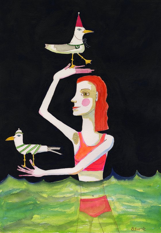 Swimming Woman with 2 birds naive figurative humour funny