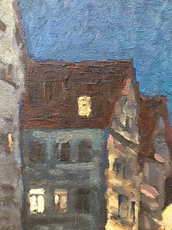 Original Oil Painting Wall Art Signed unframed Hand Made Jixiang Dong Canvas 25cm × 20cm Cityscape One Night in Tübingen Small Impressionism Impasto