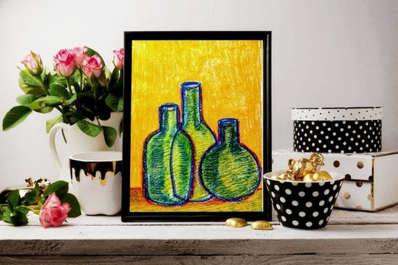 Green Bottles Still Life Oil Pastel Painting 11 75 X 8 3 Pastel Drawing By Art By shaa Artfinder