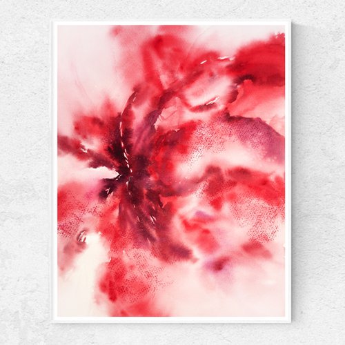 Red abstract flowers painting LOVE by Olga Grigo
