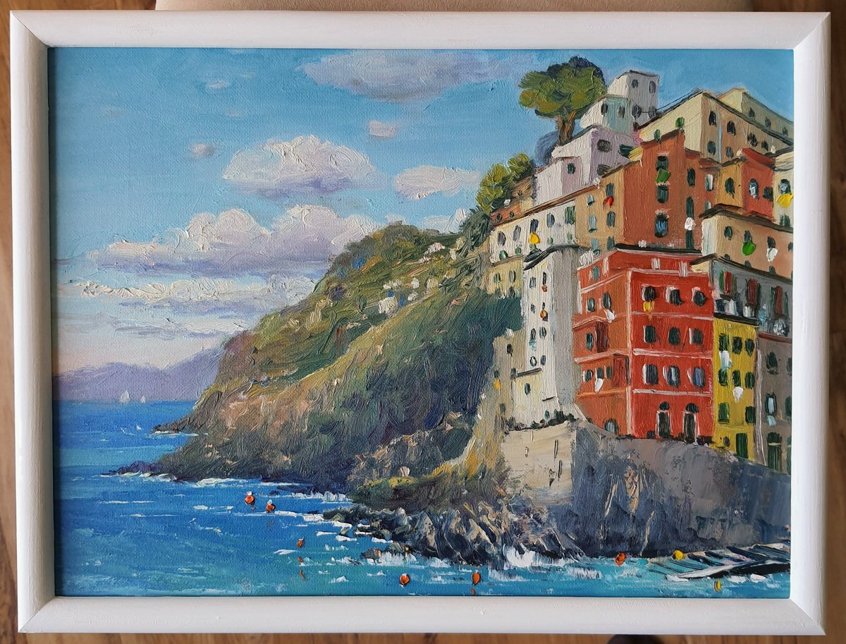 Impressionistic Landscape Oil Painting By Roberto Ponte, 17 X 13", Cinque Terre Italian Riviera, Original Artwork