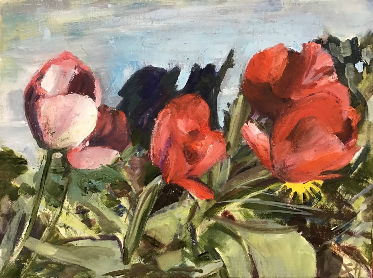 Organic Botanical Oil Painting By Sandra Haney, 16 X 12", Tulips And Shadows 2, Original Artwork