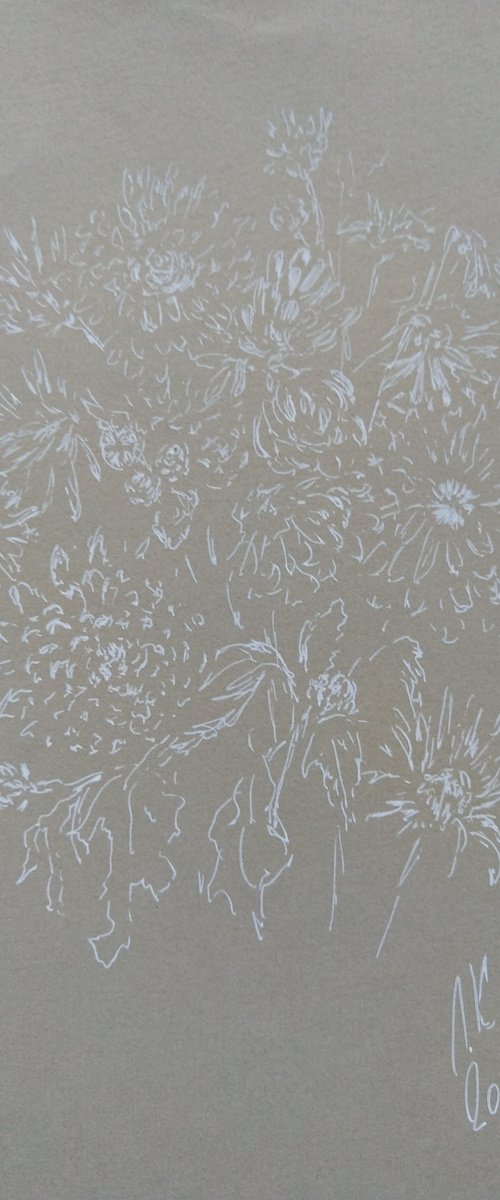Autumn flowers. Drawing in white ink on gray paper. by Yury Klyan