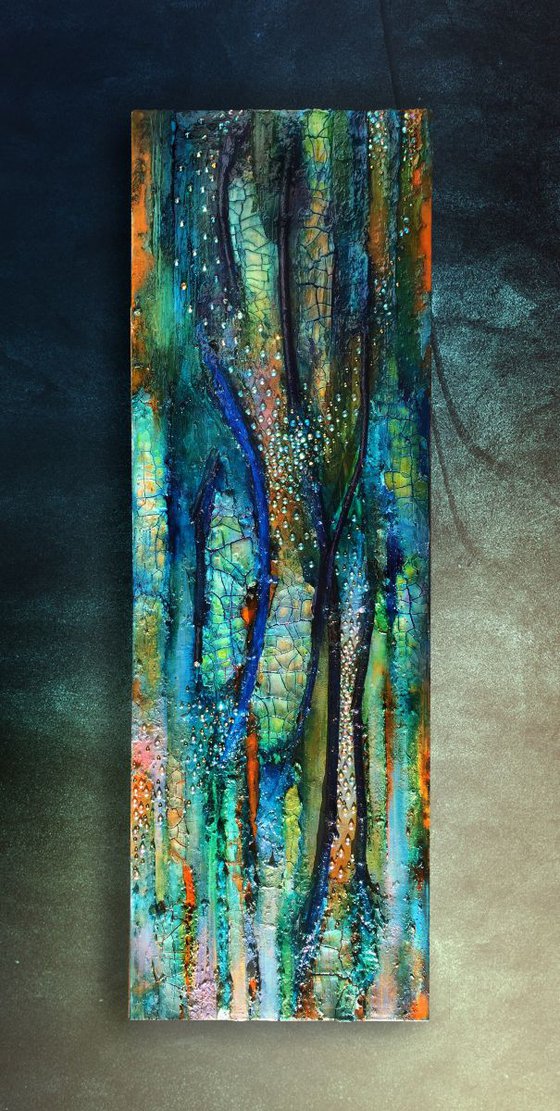 Mixed media canvas, Eternal Spring, crackle painting, vertical blue gold sparkle, tree, twig, shine, green gold, textural canvas, abstract