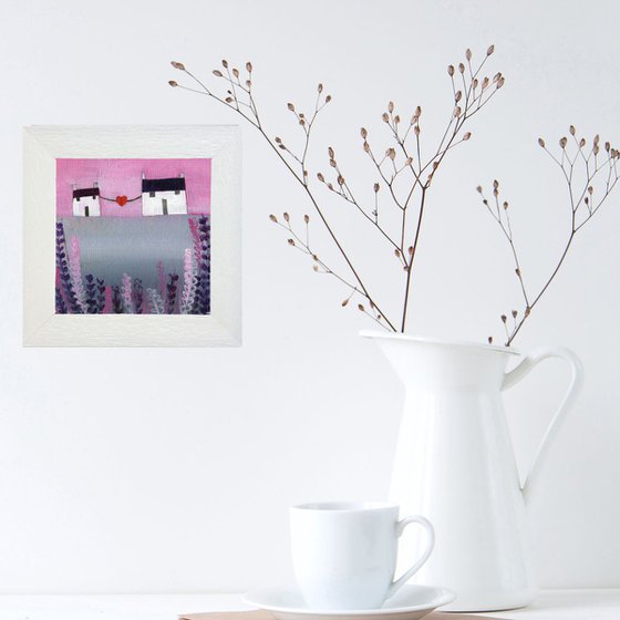 Original Small Art Cottages - Whimsical Love in pink, purple and grey