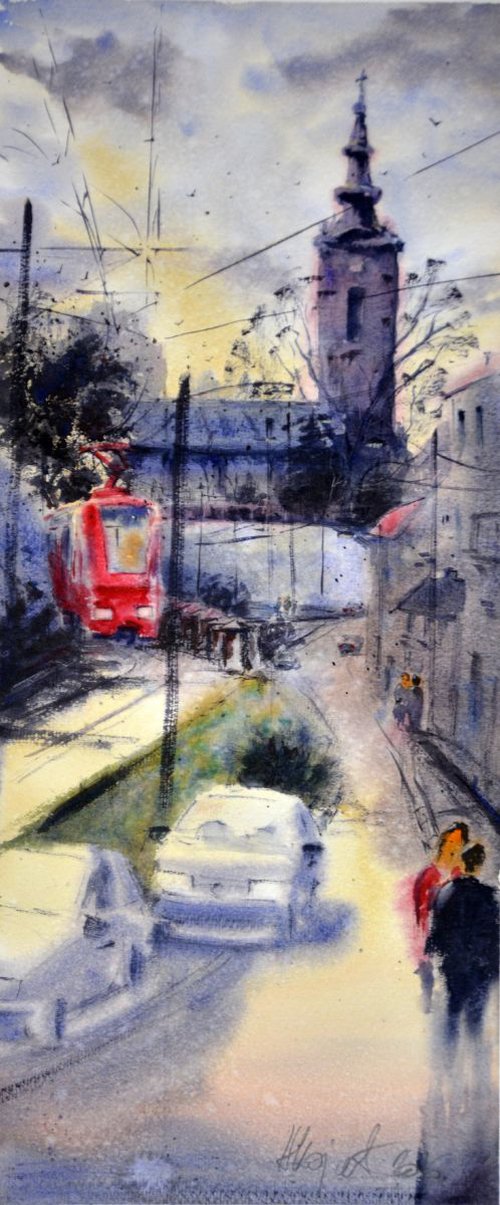 Tram and Synod Church - original watercolor art by Nenad Kojić watercolorist