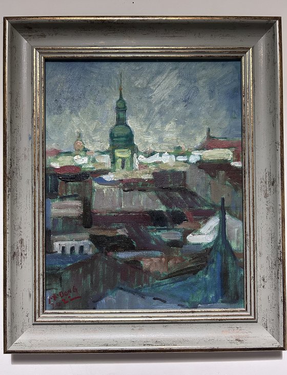 Original Oil Painting Wall Art Signed unframed Hand Made Jixiang Dong Canvas 25cm × 20cm Landscape Small View of Prague from distance Impressionism Impasto