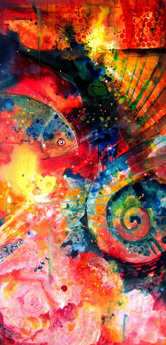 Abstract Animal Acrylic Painting By Kovacs Anna Brigitta, 16 X 31", Water World, Original Artwork