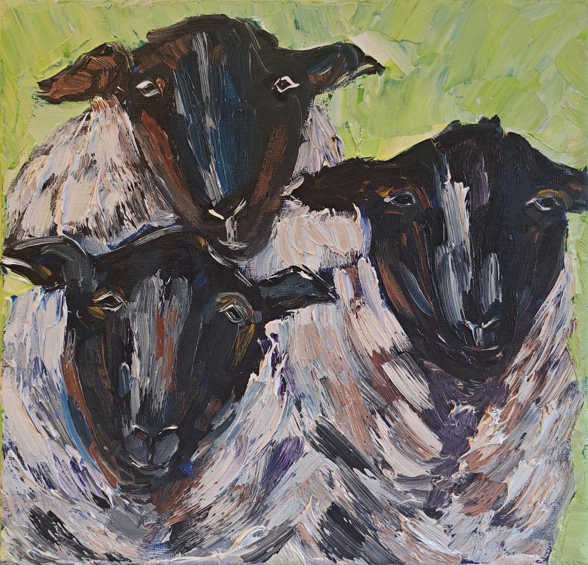 Impressionistic Animal Oil Painting By Oksana Fedorova, 10 X 10", Sheep In The Meadow, Original Artwork