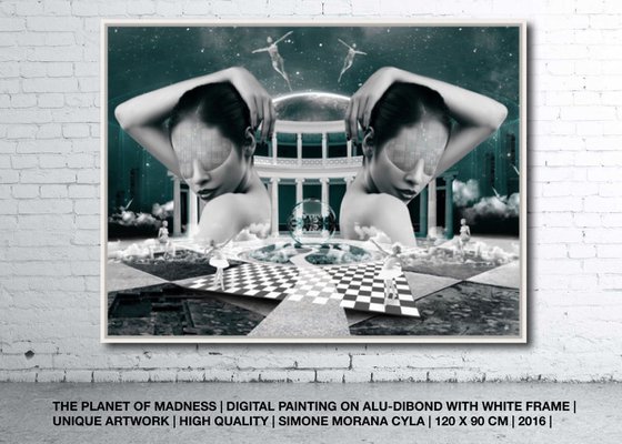 THE PLANET OF MADNESS | Digital Painting printed on Alu-Dibond with White wood frame | Unique Artwork | 2016 | Simone Morana Cyla | 120 x 90 cm | Art Gallery Quality