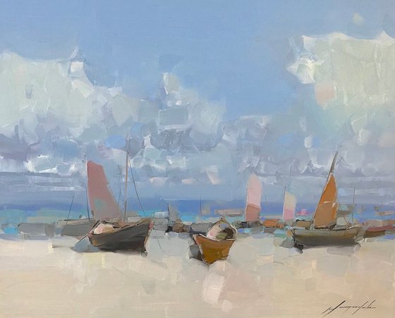 Boats on the Shore, Original oil painting, Handmade artwork, One of a kind