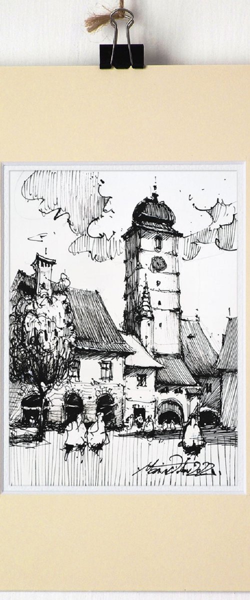Romanian cityscape, Sibiu, ink original drawing on paper, 2022 by Marin Victor
