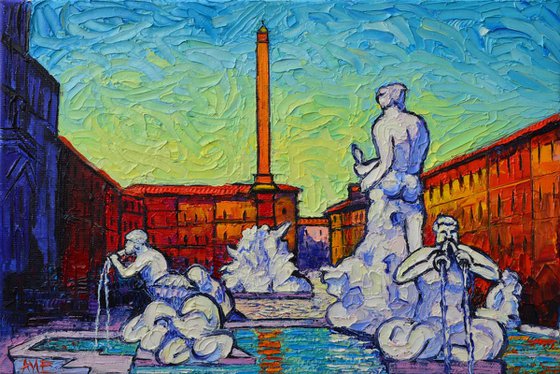 PIAZZA NAVONA MOOR FOUNTAIN ROME ITALY  modern impressionism textural impasto palette knife oil painting stylized city scene by Ana Maria Edulescu
