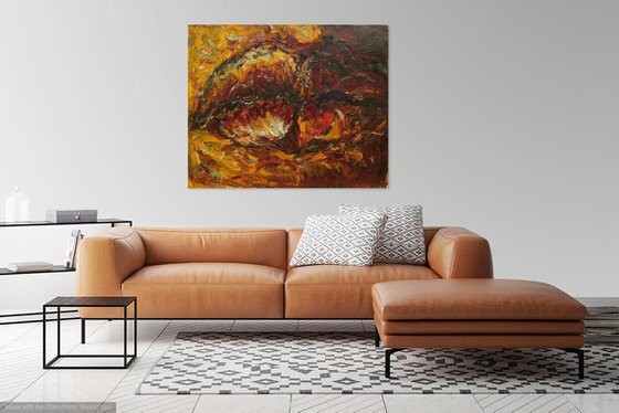 LIPS. CONFUSION OF FEELINGS - abstract large original painting, oil on canvas, brown, face lips love kiss, interior art home decor