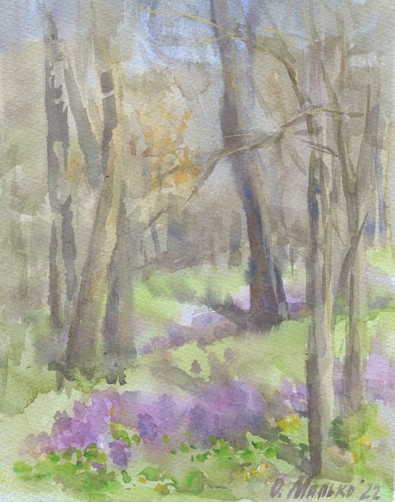 Forest sketch. Lilac wild flowers / Original watercolor picture Spring season tree Landscape painting