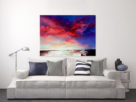 " Ruby Sunset" pink, gold, blue abstract seascape oil  painting
