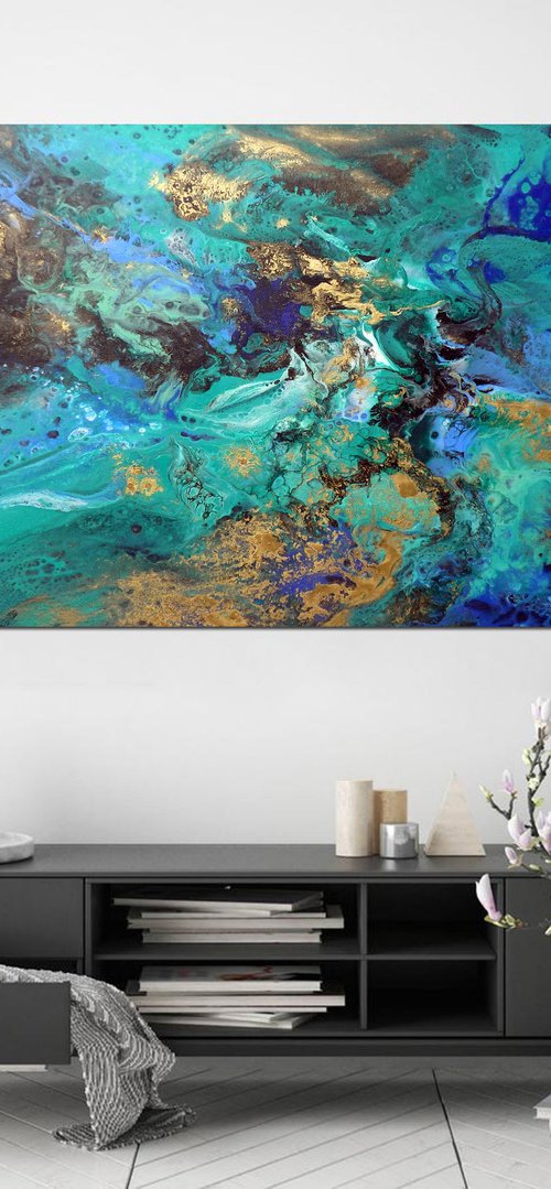 Modern abstract art blue green gold metallic painting ocean colors - Shimmer of the ocean by Areti Ampi