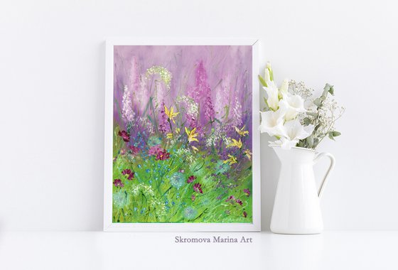 BLOOMING LUPINES - Bright summer. Colorful lupins. Beautiful landscape. Pink flowers. Meadow. Forest. Abstraction.