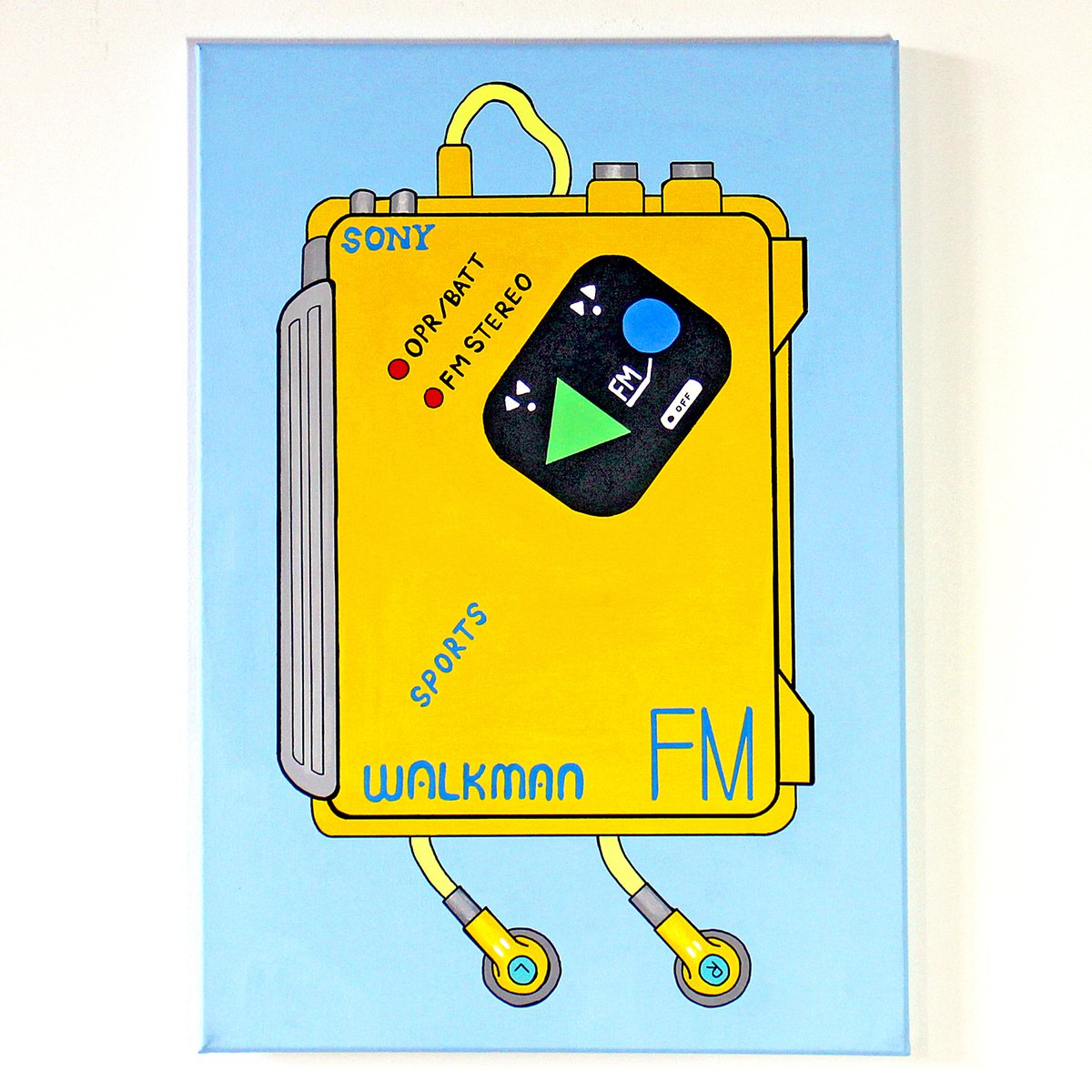 Sony Yellow Sports Walkman Retro Pop Art Painting On A2 Canvas by Ian Viggars