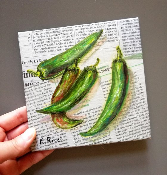 "Chili Peppers on Newspaper" Original Oil on Canvas Board Painting 6 by 6 inches (15x15 cm)