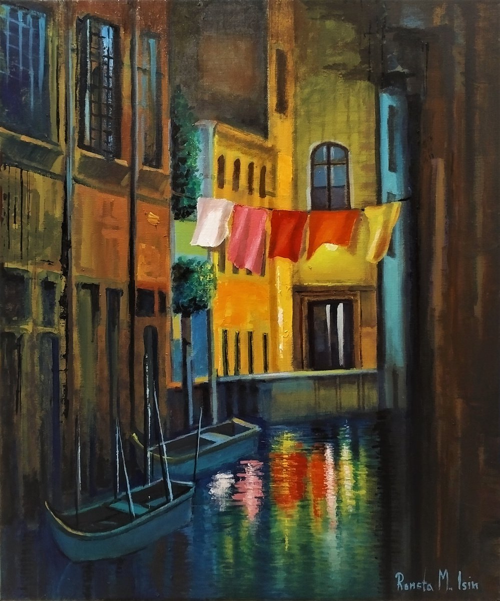 Impressionistic Cityscapes Oil Painting By Reneta Isin, 20 X 24", " Night In Venice ", Original Artwork