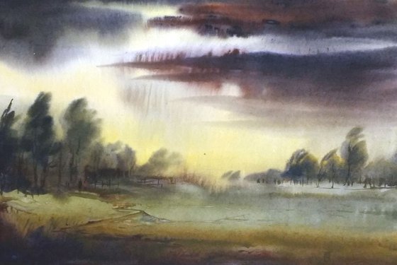 Monsoon Rural Landscape - Watercolor painting