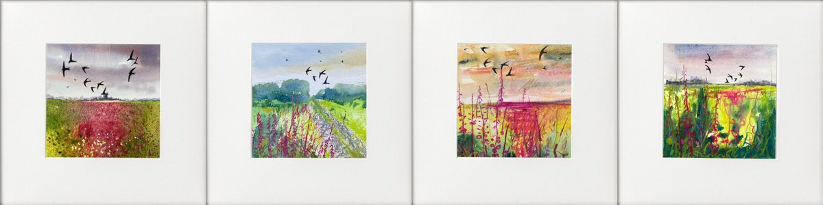 Impressionistic Landscape Watercolour By Teresa Tanner, 36 X 9", 4 Swallow Watercolours, Original Artwork