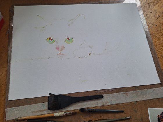 'Green-eyed cat' (watercolor cat portrait)