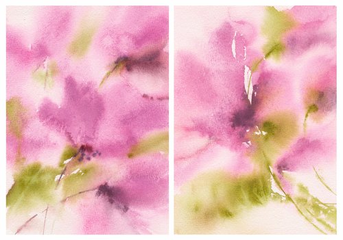 Pink flowers diptych by Olga Grigo