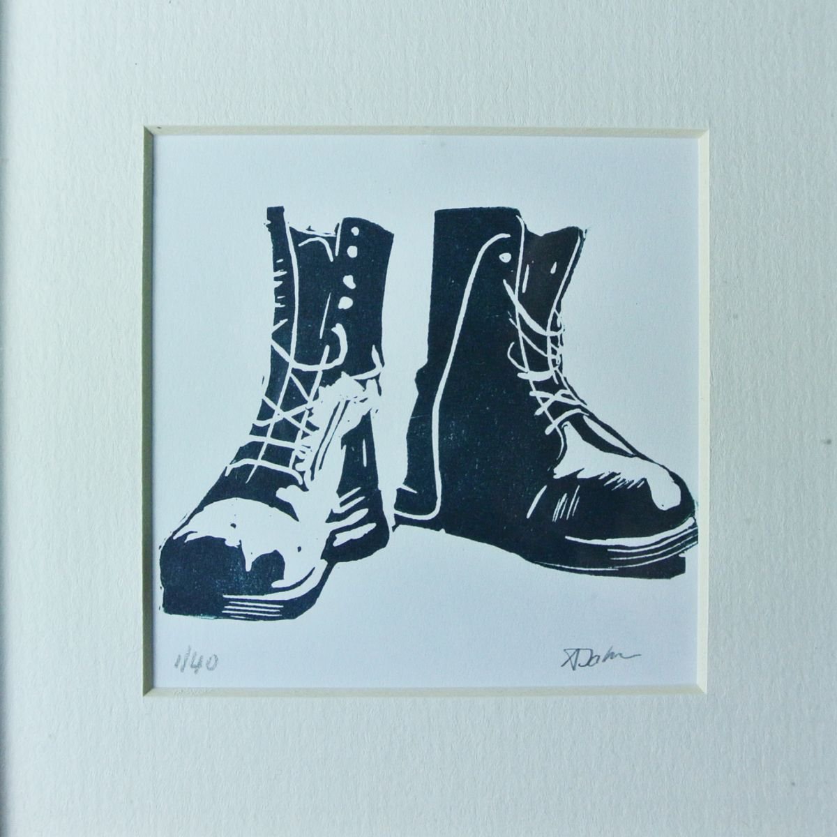 Walking Boots Linoprint, a Homage to Hiking and the Outdoors, Framed and Ready to Hang by Alex Jabore Paintings and Prints