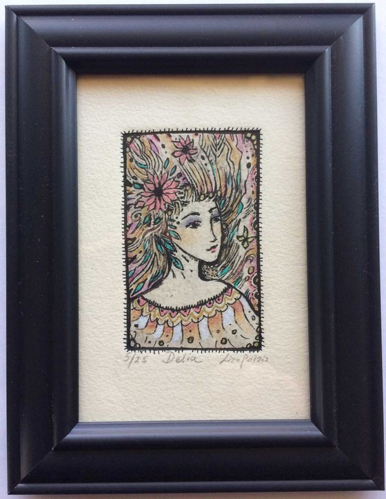 Flower Girl Etching limited edition Delia whimsical little girl art