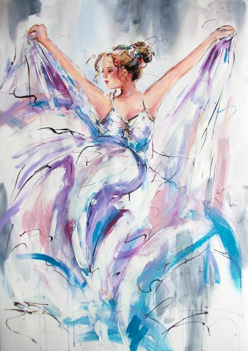 Lotus  -Ballerina Painting on Paper by Antigoni Tziora