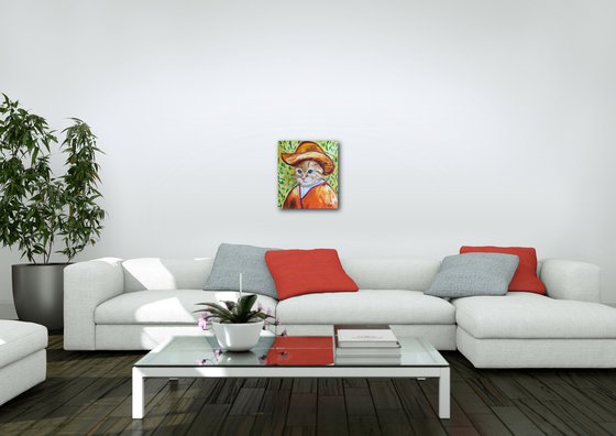 Satisfied  Cat La Van Gogh in a straw hat FELINE ART FOR CAT LOVERS GIFT IDEA