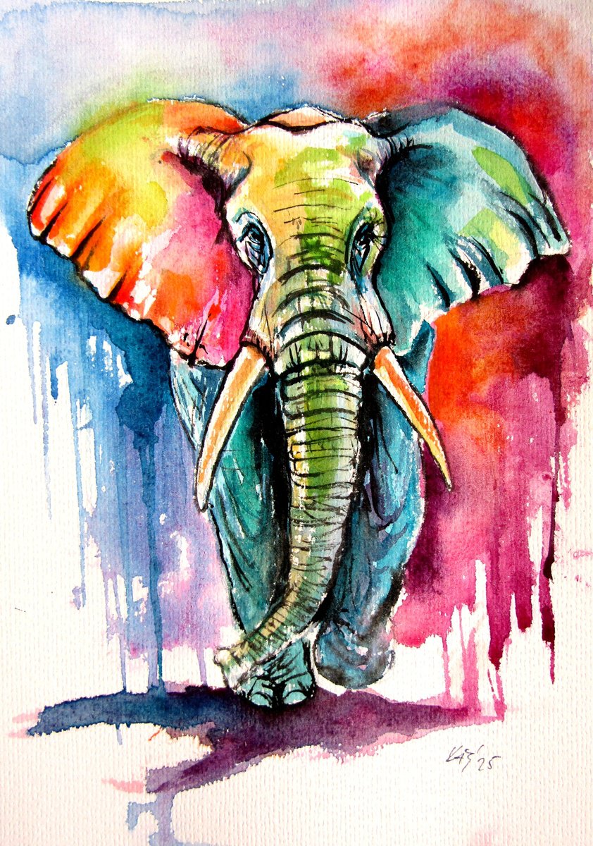 Impressionistic Watercolour , Colorful Elephant Vii By Kovacs Anna Brigitta, 7 X 11, Artwork For Sale On Artfinder