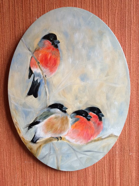 Birds on the branches oil painting - Four bullfinches ellipse canvas - Christmas gift for bird lover
