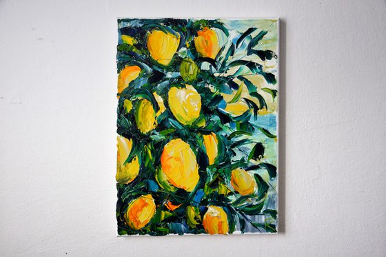 Lemons oil painting, tropical wall art, fruits canvas art, kitchen decor